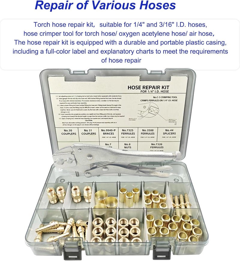 ZGTools 58PCS Hose Repair Kit, 1/4 I.D. Torch Hose Repair Kit, Air Hose Crimper Tool for Air Hoses/Torch Hoses/Oxygen Acetylene Hoses，Include Fittings/CrimpingTool/Ferrules/Couplers/Braces/Nipples/Nuts etc - Image 4